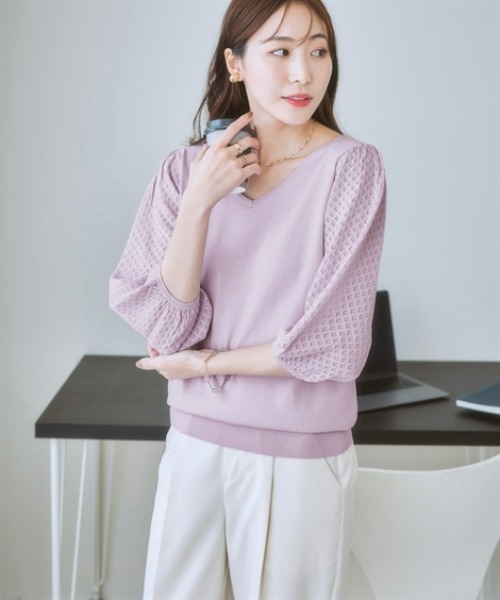 7days Life Styling(セブンデイズライフスタイリング)の「【接触冷感/UVカット/遮熱】透かし編みパフ袖ニット(ニット/セーター・レディース・ブラック/オフホワイト/杢グレー/ブルー・S/M/L/LL)」の9枚目の写真