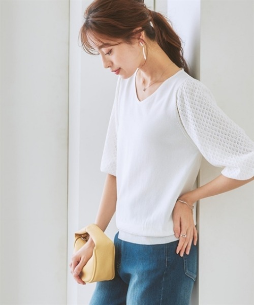 7days Life Styling(セブンデイズライフスタイリング)の「【接触冷感/UVカット/遮熱】透かし編みパフ袖ニット(ニット/セーター・レディース・ブラック/オフホワイト/杢グレー/ブルー・S/M/L/LL)」の22枚目の写真