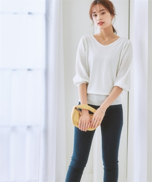 7days Life Styling(セブンデイズライフスタイリング)の「【接触冷感/UVカット/遮熱】透かし編みパフ袖ニット(ニット/セーター・レディース・ブラック/オフホワイト/杢グレー/ブルー・S/M/L/LL)」の21枚目の写真