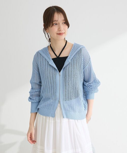 パーカー Mesh knit parka   メッシュニットパーカー レディース CLEL】Watermark Knitting Mesh Zip Parka/透かし編み メッシュ