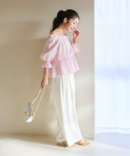 La boutique BonBon（ラブティックボンボン）の「【復刻・全骨格対応】シャーリングギャザーブラウス（シャツ/ブラウス・レディース・ネイビー/ホワイト/サックスブルー/ピンク・FREE）」の14枚目の写真
