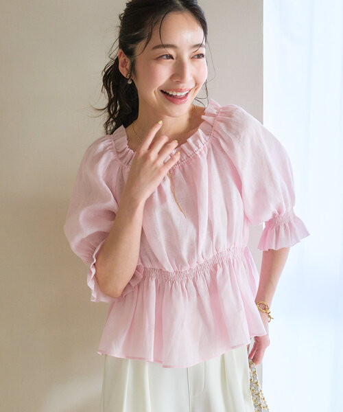 La boutique BonBon（ラブティックボンボン）の「【復刻・全骨格対応】シャーリングギャザーブラウス（シャツ/ブラウス・レディース・ネイビー/ホワイト/サックスブルー/ピンク・FREE）」の16枚目の写真