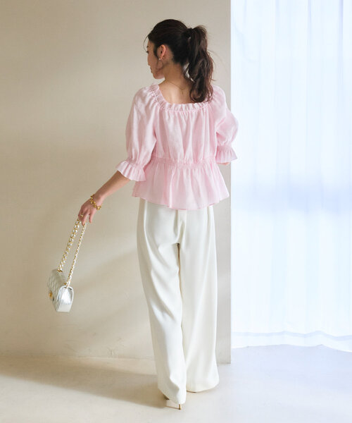 La boutique BonBon（ラブティックボンボン）の「【復刻・全骨格対応】シャーリングギャザーブラウス（シャツ/ブラウス・レディース・ネイビー/ホワイト/サックスブルー/ピンク・FREE）」の21枚目の写真