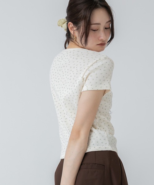 tシャツ 花柄半袖サーマルカットソー/ワッフル 花柄 小花柄 シンプル 春服 夏服 チビT コンパクト 韓国 ガーリー レディース セール】花柄半袖サーマルカットソー/ワッフル 花柄 小花柄