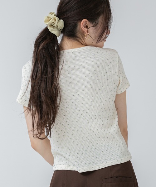 tシャツ 花柄半袖サーマルカットソー/ワッフル 花柄 小花柄 シンプル 春服 夏服 チビT コンパクト 韓国 ガーリー レディース セール】花柄半袖サーマルカットソー/ワッフル 花柄 小花柄