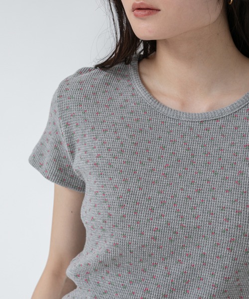 tシャツ 花柄半袖サーマルカットソー/ワッフル 花柄 小花柄 シンプル 春服 夏服 チビT コンパクト 韓国 ガーリー レディース セール】花柄半袖サーマルカットソー/ワッフル 花柄 小花柄