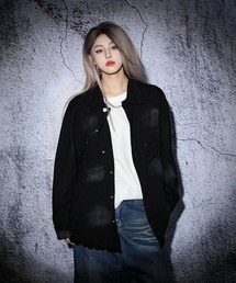 EFFECTION // spray painting letter print fringe denim shirt〈スプレー加工 レタープリント フリンジ デニム シャツ〉