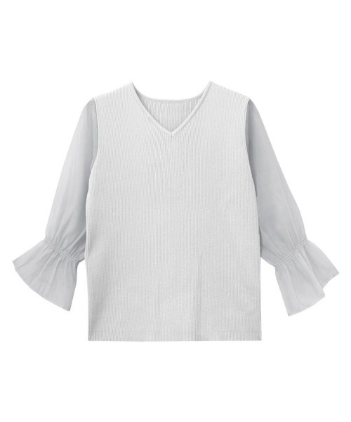 Pierrot(ピエロ)の「シアードッキングキャンディースリーブVネックニット(Tシャツ/カットソー・レディース・ブラック/ライトブルー/グレー/オフホワイト/ラベンダー・M/L)」の17枚目の写真