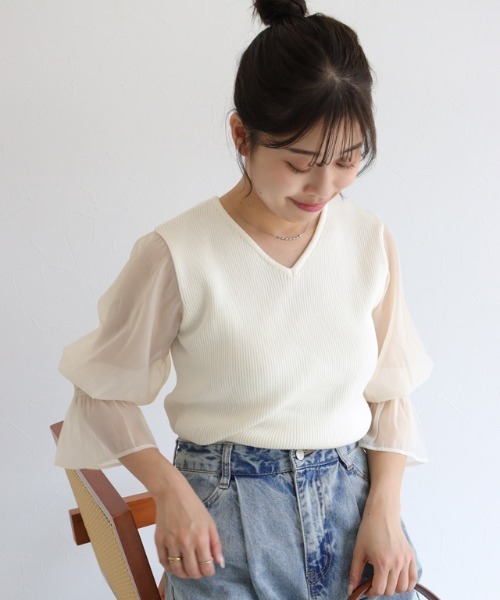 Pierrot(ピエロ)の「シアードッキングキャンディースリーブVネックニット(Tシャツ/カットソー・レディース・ブラック/ライトブルー/グレー/オフホワイト/ラベンダー・M/L)」の18枚目の写真