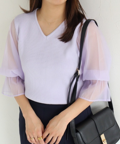 Pierrot(ピエロ)の「シアードッキングキャンディースリーブVネックニット(Tシャツ/カットソー・レディース・ブラック/ライトブルー/グレー/オフホワイト/ラベンダー・M/L)」の20枚目の写真