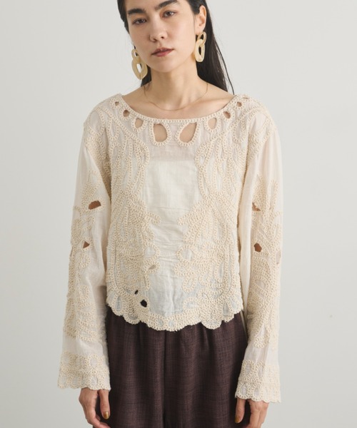 SOULEIADO ブラウス 長袖 ラクナウ刺繍 コットン 36 セール】テープ刺繍プルオーバーブラウス（シャツ/ブラウス