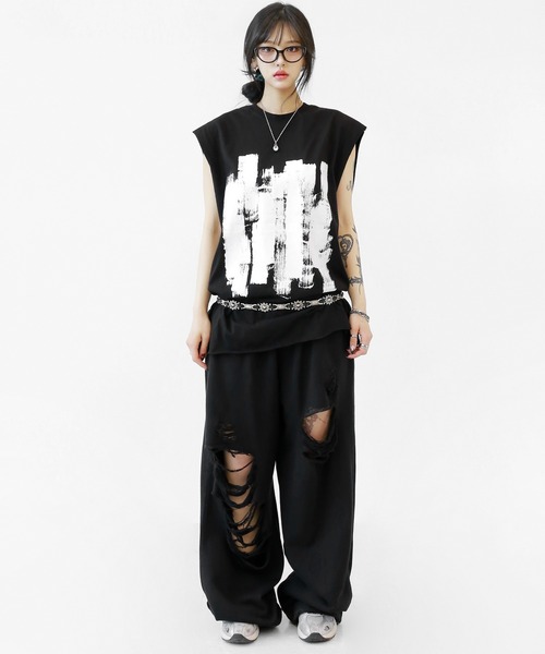 minsobi（ミンソビ）の「ダメージデザインワイドスウェットパンツ（スウェットパンツ・メンズ・ブラック/グレー・FREE）」の7枚目の写真