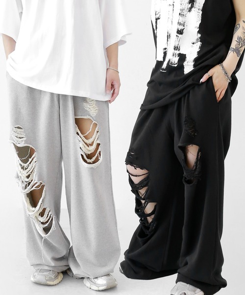 minsobi（ミンソビ）の「ダメージデザインワイドスウェットパンツ（スウェットパンツ・メンズ・ブラック/グレー・FREE）」の16枚目の写真