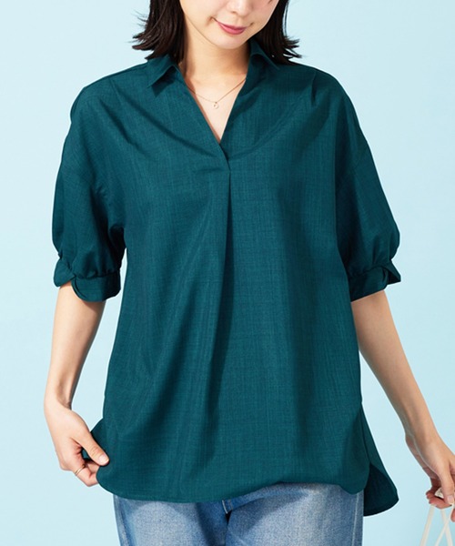 BELLUNA PLUS(ベルーナ)の「袖タック麻調素材スキッパーブラウス(シャツ/ブラウス・レディース・オレンジ/ターコイズブルー/ベージュ/セージグリーン・X-LARGE/LARGE/MEDIUM)」の3枚目の写真