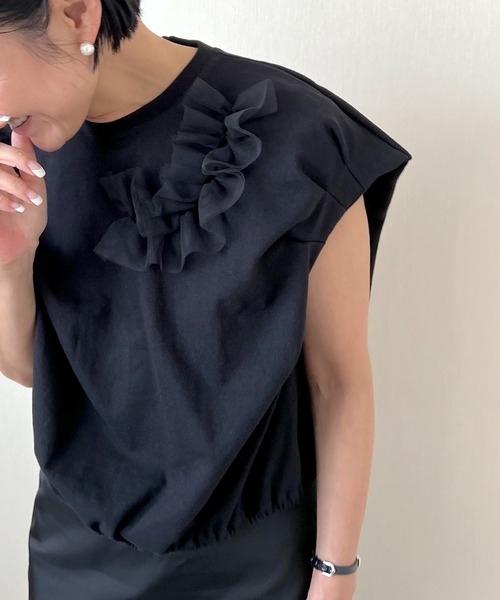 COUDRE チュールスリーブ 半袖Tシャツ ブラック COUDRE｜クードル（レディース）のTシャツ/カットソー（ブラック/黒色