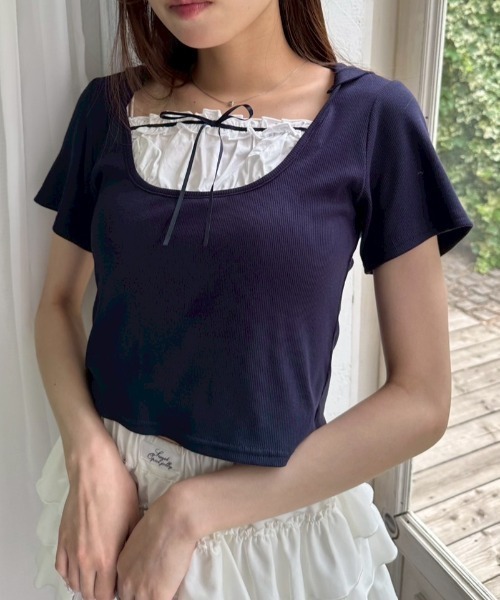 OLIVE des OLIVE（オリーブデオリーブ）の「フードドッキングトップス（Tシャツ/カットソー・レディース・ブラウン/ネイビー/オフホワイト/チャコールグレー・FREE）」の18枚目の写真