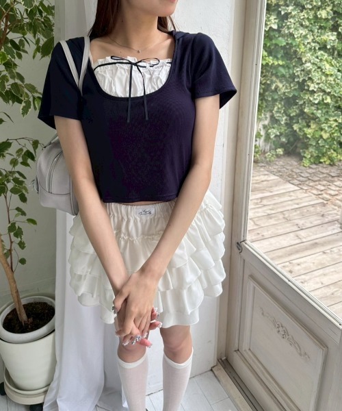 OLIVE des OLIVE（オリーブデオリーブ）の「フードドッキングトップス（Tシャツ/カットソー・レディース・ブラウン/ネイビー/オフホワイト/チャコールグレー・FREE）」の14枚目の写真