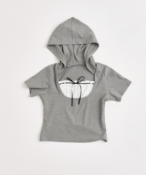 OLIVE des OLIVE（オリーブデオリーブ）の「フードドッキングトップス（Tシャツ/カットソー・レディース・ブラウン/ネイビー/オフホワイト/チャコールグレー・FREE）」の21枚目の写真