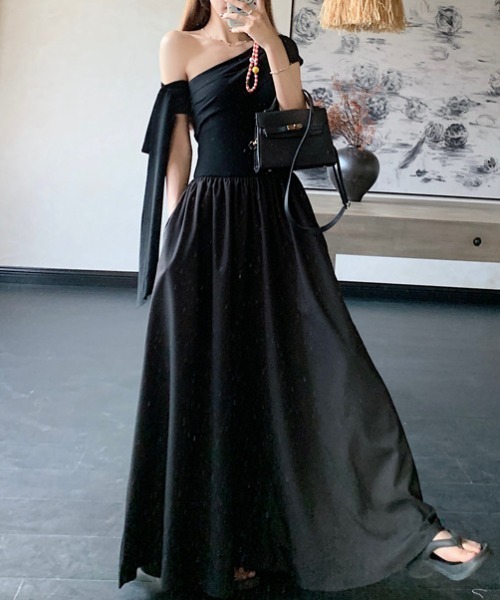 Only You Collar Double Button Flare dress ワンピース セール】YUGA_YGMC Off-shoulder long flare dress（ワンピース