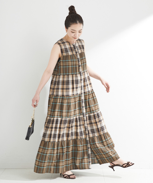 手洗い可 / ティアードチェックスリーブレスワンピース