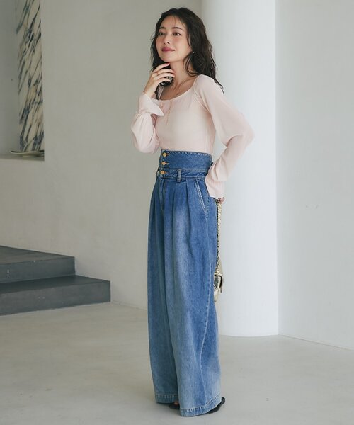 La boutique BonBon ハイウエストバギーデニムパンツ セール】【3サイズ展開】ハイウエストバギーデニムパンツ