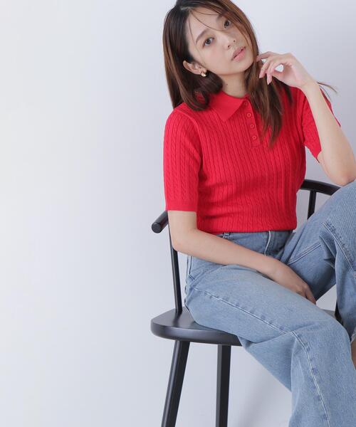 NATURAL BEAUTY BASIC(ナチュラルビューティーベーシック)の「◇ケーブルポロニット(ポロシャツ・レディース・レッド/ネイビー/イエロー/オフホワイト・FREE)」の4枚目の写真