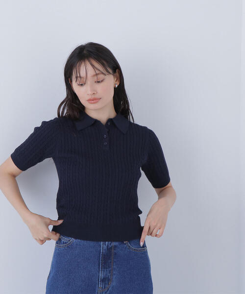 NATURAL BEAUTY BASIC（ナチュラルビューティーベーシック）の「◇ケーブルポロニット（ポロシャツ・レディース・レッド/ネイビー/イエロー/オフホワイト・FREE）」の3枚目の写真
