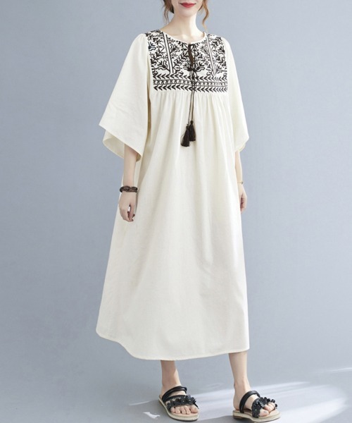 セール】七分袖エスニック刺繍ワンピース（ワンピース）｜ONEP STAR