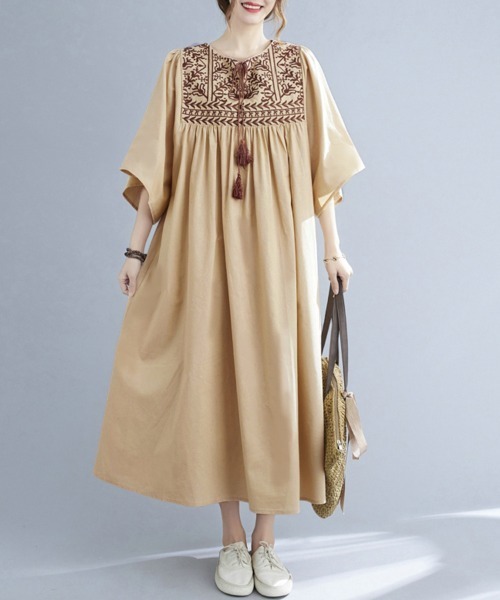 セール】七分袖エスニック刺繍ワンピース（ワンピース）｜ONEP STAR