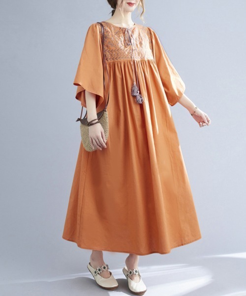 セール】七分袖エスニック刺繍ワンピース（ワンピース）｜ONEP STAR