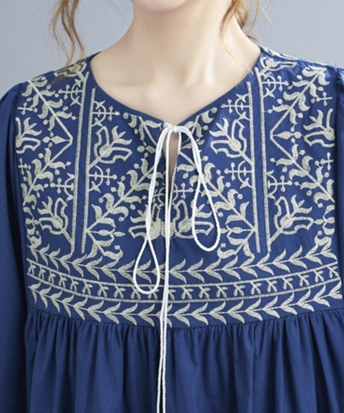 セール】七分袖エスニック刺繍ワンピース（ワンピース）｜ONEP