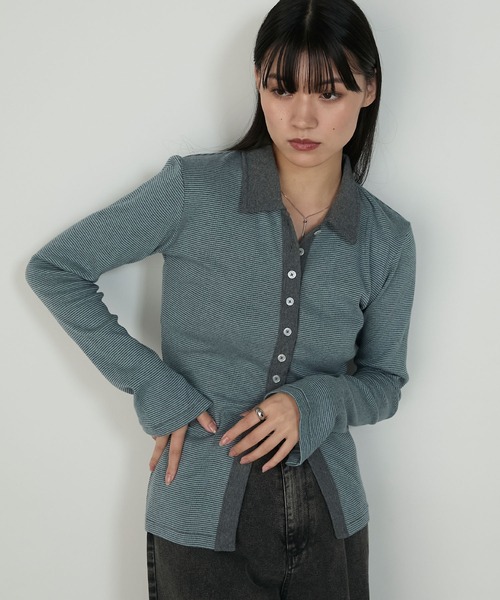 MILLER（ミラー）の「【forksy.】【Robert P. Miller/ロバート ピー ミラー】ミジンボーダー ボタンアップ襟付きカーディガン（カーディガン/ボレロ・レディース・レッド系/ブラウン系/グレー系・FREE）」の2枚目の写真