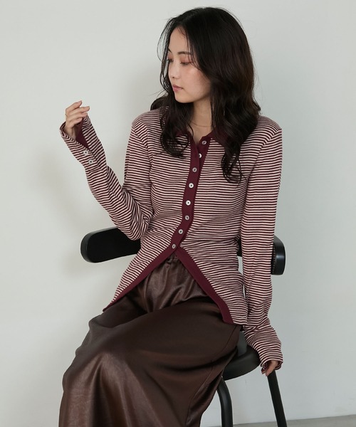 MILLER（ミラー）の「【forksy.】【Robert P. Miller/ロバート ピー ミラー】ミジンボーダー ボタンアップ襟付きカーディガン（カーディガン/ボレロ・レディース・レッド系/ブラウン系/グレー系・FREE）」の3枚目の写真