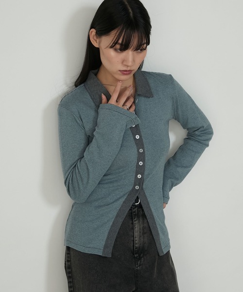 MILLER（ミラー）の「【forksy.】【Robert P. Miller/ロバート ピー ミラー】ミジンボーダー ボタンアップ襟付きカーディガン（カーディガン/ボレロ・レディース・レッド系/ブラウン系/グレー系・FREE）」の4枚目の写真