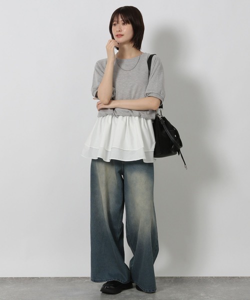 LAKOLE（ラコレ）の「ミニ裏毛レイヤードプルオーバー6分袖 / 588956（Tシャツ/カットソー・レディース・グレー/ピンク/チャコール・FREE）」の4枚目の写真