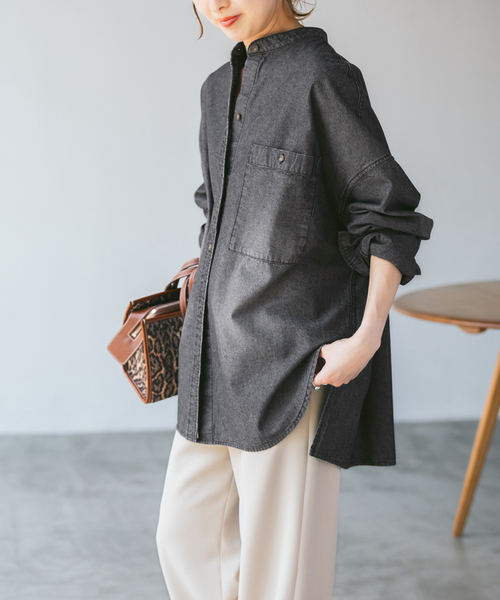 スピックアンドスパン　 バンドカラー　ダンガリー　シャツ　ダメージ加工 セール】《追加》バンドカラーボックスダンガリーシャツ（シャツ