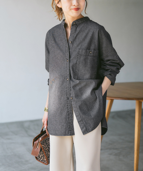 Spick & Span(スピックアンドスパン)の「《追加》バンドカラーボックスダンガリーシャツ(シャツ/ブラウス・レディース・ブルー系その他/ブラック・FREE)」の6枚目の写真