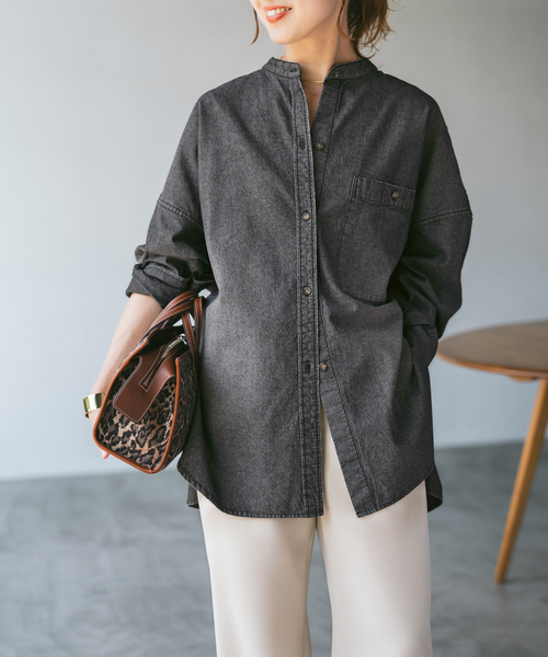 Spick & Span(スピックアンドスパン)の「《追加》バンドカラーボックスダンガリーシャツ(シャツ/ブラウス・レディース・ブルー系その他/ブラック・FREE)」の7枚目の写真