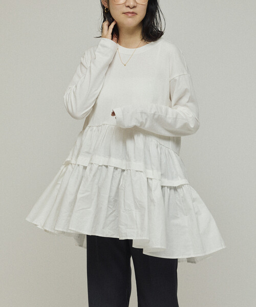 Firsthand（ファーストハンド）の「Firsthand/ファーストハンド オーガニックコットン ティアード切り替えロンT / ロングスリーブTシャツ（Tシャツ/カットソー・レディース・ブラック/その他/ホワイト・FREE）」の2枚目の写真