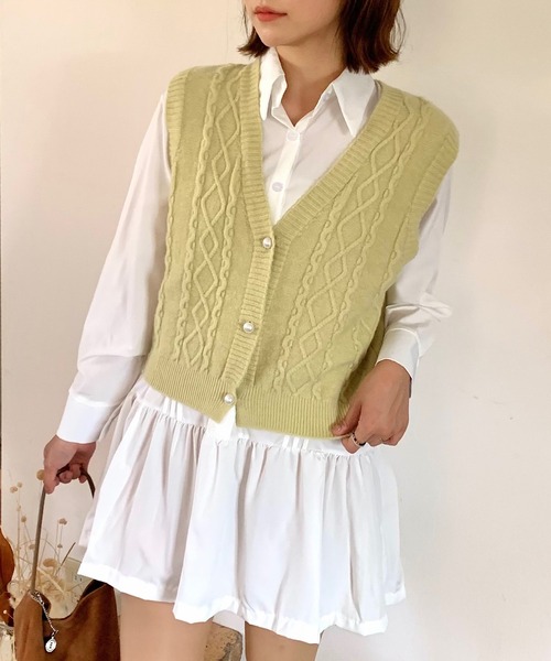 Teem Store(チームストア)の「パールボタンVネックケーブルニットベスト(ニット/セーター・レディース・ベージュ/ブラック/アイボリー/グレー・F)」の22枚目の写真