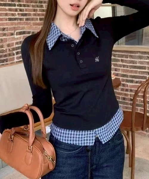 SpRay（スプレイ）の「フェイクレイヤードチェックトップス（Tシャツ/カットソー・レディース・ブラック/オフホワイト/ネイビー/グレー・FREE）」の4枚目の写真