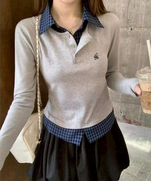 SpRay（スプレイ）の「フェイクレイヤードチェックトップス（Tシャツ/カットソー・レディース・ブラック/オフホワイト/ネイビー/グレー・FREE）」の3枚目の写真