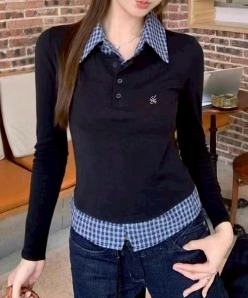 SpRay（スプレイ）の「フェイクレイヤードチェックトップス（Tシャツ/カットソー・レディース・ブラック/オフホワイト/ネイビー/グレー・FREE）」の10枚目の写真