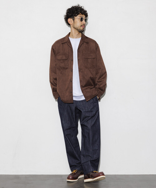 CCU オープンカラー レザーシャツジャケットスエード セール】レザレッド ブラッシュド オープンカラー ロングスリーブ