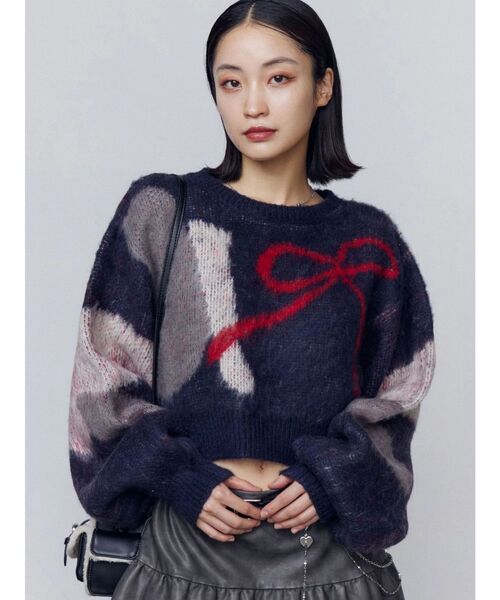 EMODA（エモダ）の「ショートルーズジャガードニット（ニット/セーター・レディース・グレー/ブラック/ネイビー・FREE）」の6枚目の写真