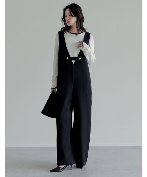 Re:EDIT（リエディ）の「[低身長/高身長サイズ有][アルガンオイル加工]微起毛ツイルゴールドボタン付きサロペット（つなぎ/オールインワン・レディース・アイボリー/ブラック/チャコールグレー・LARGE/TALL/MEDIUM/SHORT）」の2枚目の写真