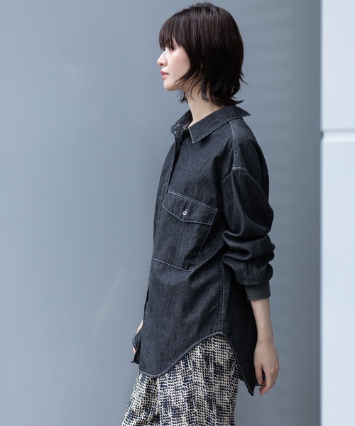 Munich（ミューニック）の「6ozスラブデニムリブカフスシャツ（シャツ/ブラウス・レディース・ライトグレー/ブラック/インディゴブルー・FREE）」の8枚目の写真