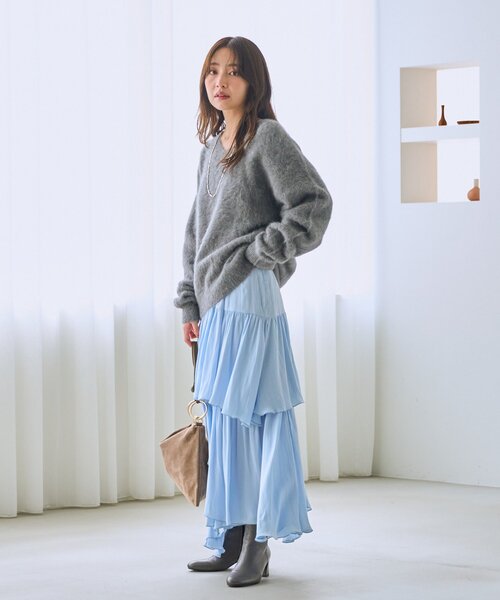 La boutique BonBon（ラブティックボンボン）の「【今すぐお届け！】ヘアリーウールカシミヤ混ストレッチ前後２WAYニット（ニット/セーター・レディース・ピンク/ダークグレー/オフホワイト・FREE）」の17枚目の写真