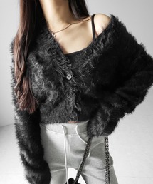 【 3color 】ブラックボタンショートシャギーニットカーディガン / black button short shaggy knit cardigan