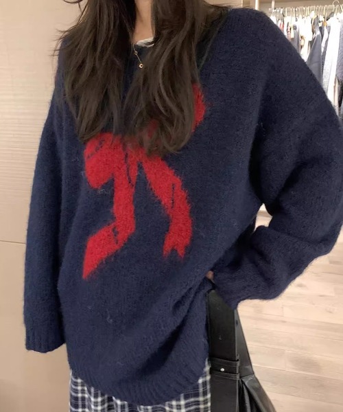 Diosfront(ディオスフロント)の「フロントリボンジャガードニットプルオーバー(ニット/セーター・レディース・レッド/ネイビー/アイボリー/ブルー/グレー・FREE)」の3枚目の写真